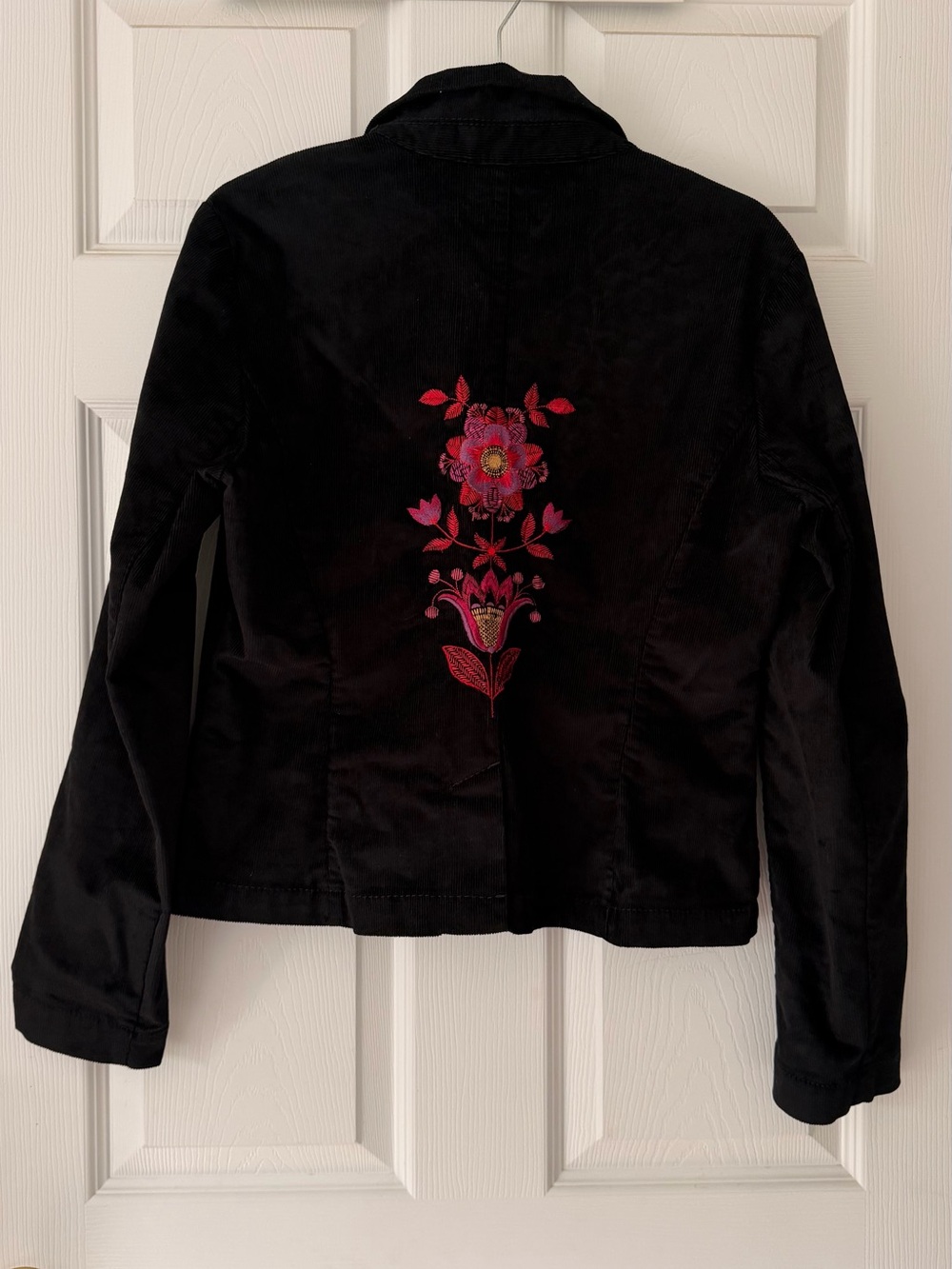 Calvin Klein Jeans Black Denim Jacket with Pink-Red Floral Embroidery